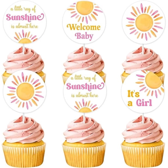 24pcs Boho Sun Cupcake Toppers, A Little Ray of Sunshine is Almost Here Cake Decorations, Welcome Baby Sunshine Themed Baby Shower Birthday Party Supplies