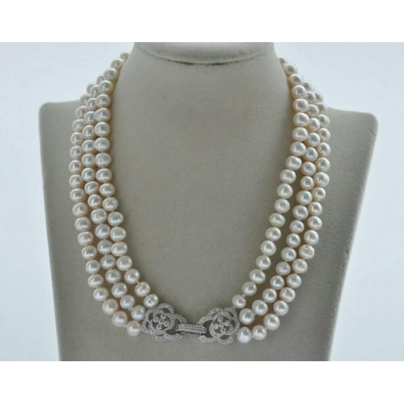 EOEMY 3 Rows 19" 9mm White Round Freshwater Pearl Necklace Cz For Women