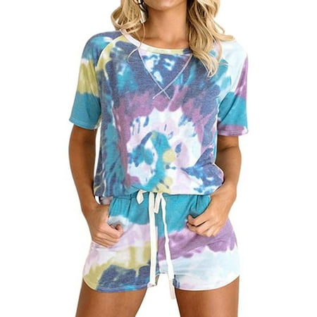 

HUBERY Women Tie Dye Round Neck Short Sleeve Elastic Waist Sleepwear Set