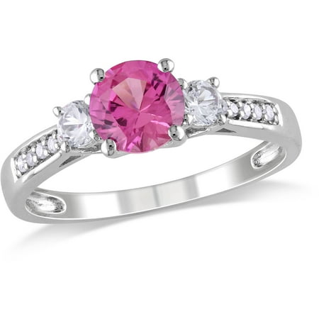 Tangelo 1-3/8 Carat T.G.W. Created Pink and White Sapphire and Diamond-Accent 10kt White Gold 3-Stone Ring