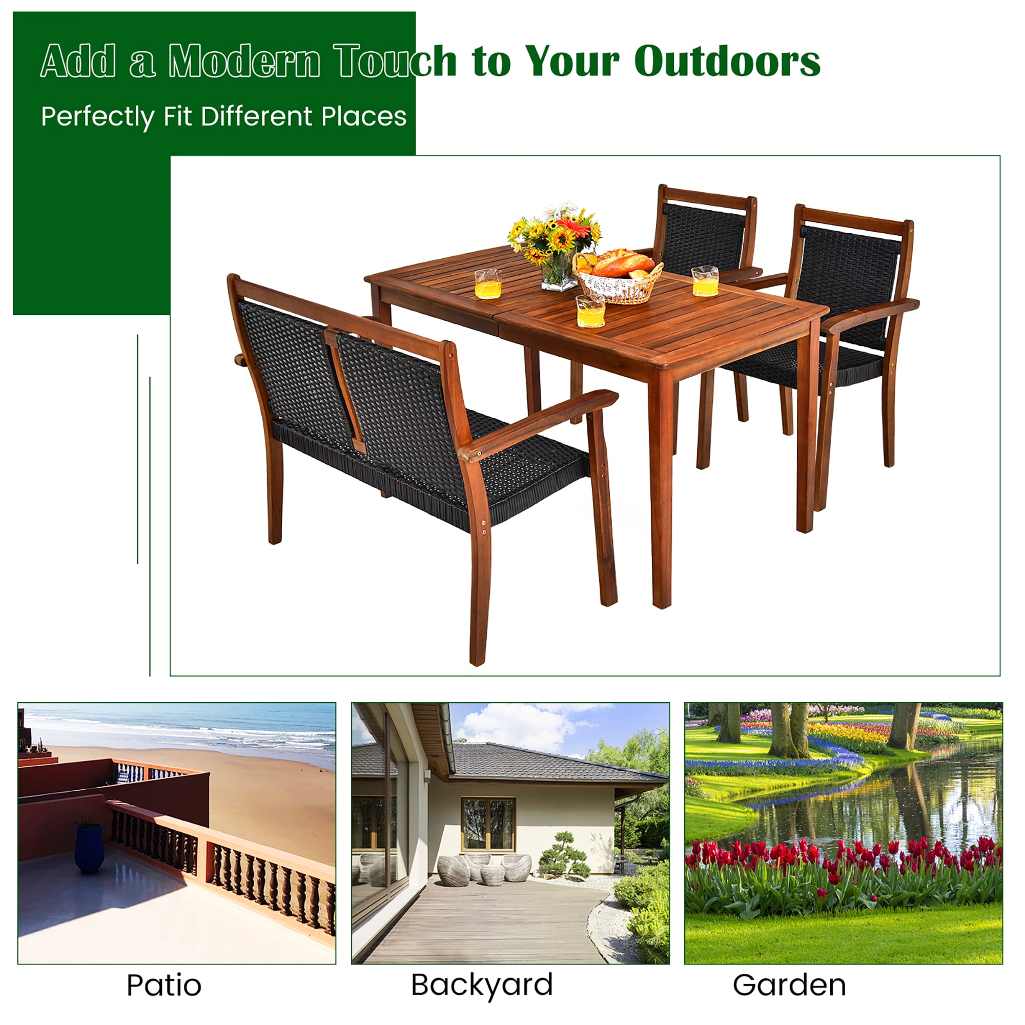 Costway 4PCS Patio Rattan Dining Furniture Set Acacia Wood Frame Stackable Chair Loveseat