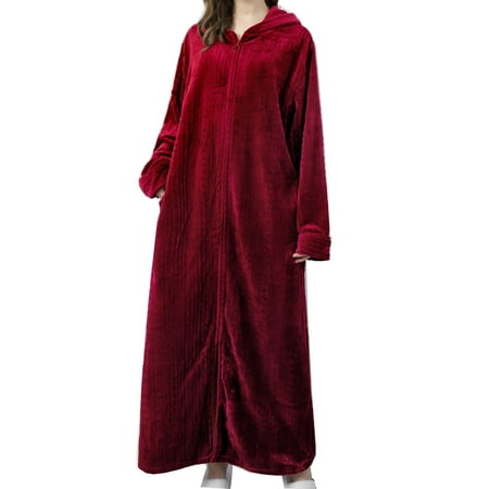

Women Fashion Robe Bathrobe Lengthening Keep Warm Lapel Hooded Pocket Long Sleeve pajamas couples Red XL