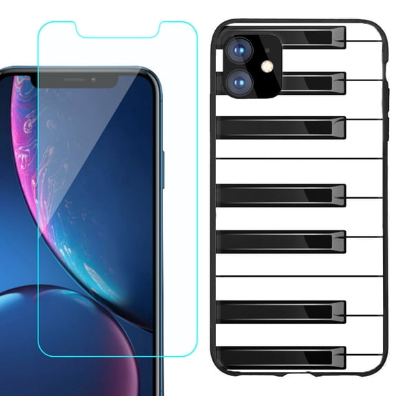 For Apple iPhone 11 Phone Case , Slim-Fit TPU Protective Case (Black), with Tempered Glass Screen Protector, by OneToughShield ® - Piano Design