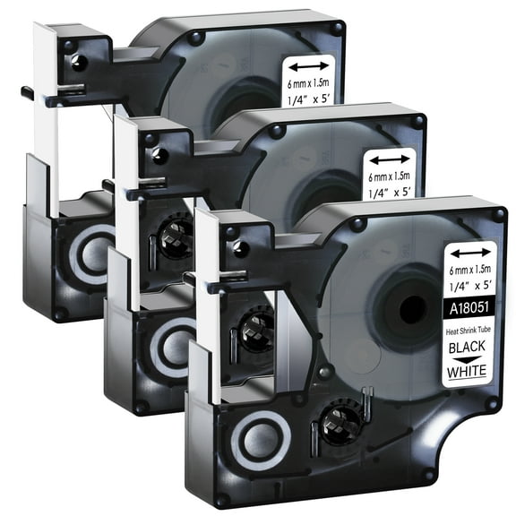 GREENCYCLE 3PK Industrial Rhino Heat Shrink Tubes Compatible for Dymo 18051 Black on White Cable Label Tape (6mmx1.5m,1/4''x5ft) Use in DYMO Rhino Pro 1000 3000 4200 5000 5200 6000 Label Maker