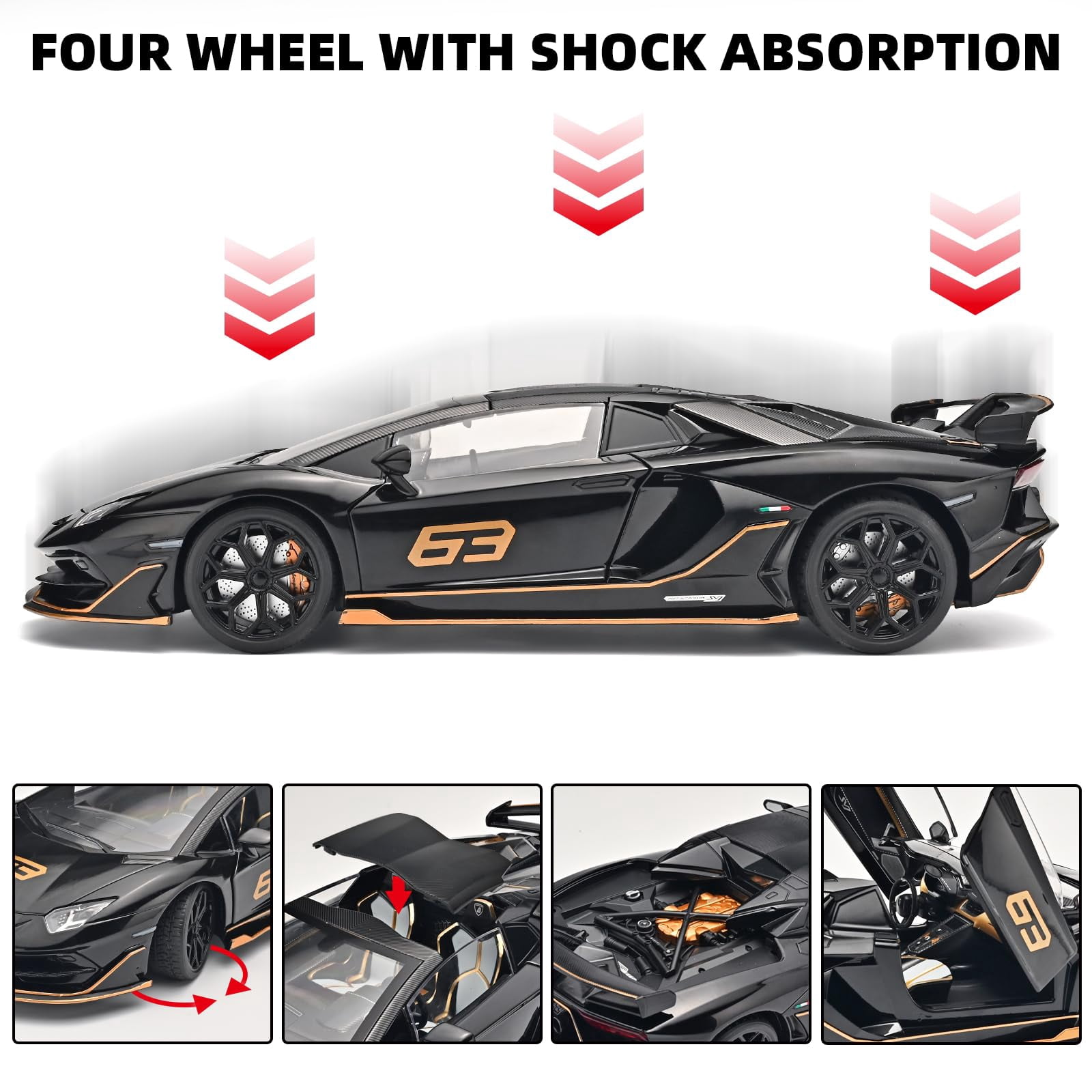 CHUNYAN 1/18 Diecast Cars Lambo SVJ 63 Model Car Kits,Lambo Collectibles Model with Light and Sound,Race Cars for Kids Ages 4-8(Black)