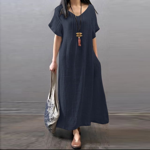 Baikeli Robes d'Été Pas Chères pour Femmes 2024 Robes en Coton et Lin pour Femmes Invitées de Mariage Robe Soleil Tenues de Couleur Unie Coupe Ajustée Robe de Plage Robe Maxi de Vacances Robes de Printemps pour Femmes 2024