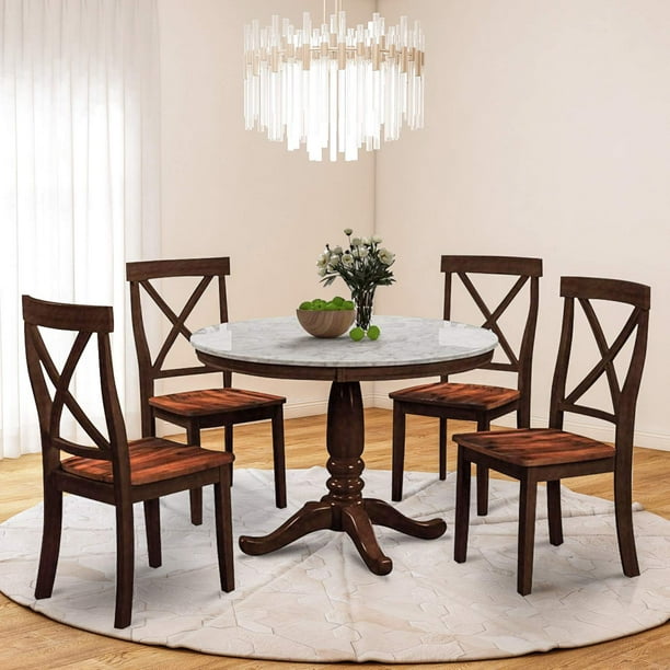 5 Pieces Marble Top Round Dining Table Chair Set Espresso Walmart Com Walmart Com