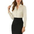 thumbnail image 5 of MODA NOVA Juniors Ruffled Stand Collar Long Sleeve Button Office Satin Shirt Beige XS, 5 of 6