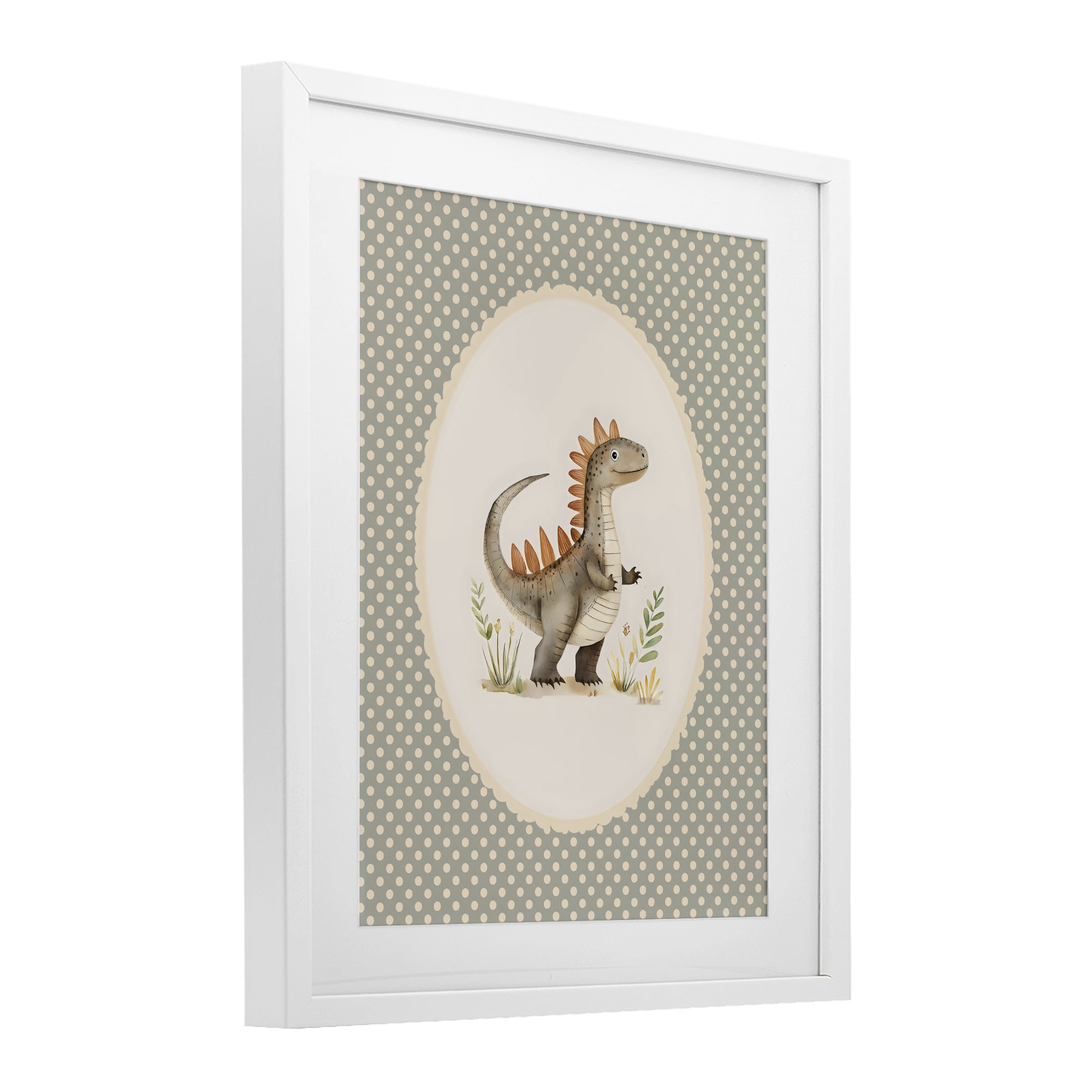 Stupell Industries Watercolor Dinosaur Polka Dot Border White Framed Print Under Glass, design by LSR Design Studio