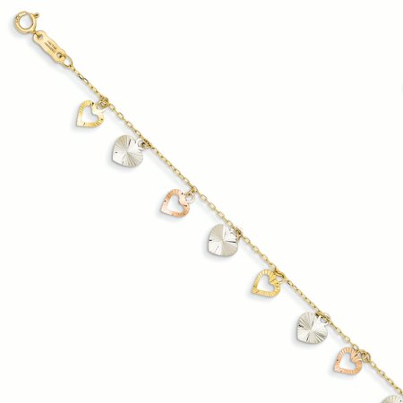 14K Tri Color Gold 7 MM Heart Bracelet, 7.25