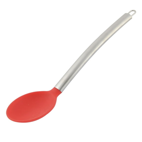 Kitchenware Silicone Covering Head Cooking Soup Scoop Serving Slotted Spoon Red Silver Tone