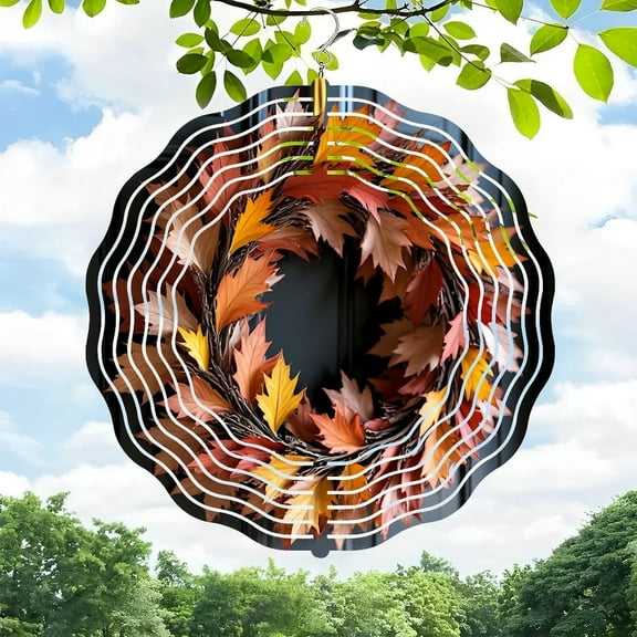 3D Metal Hanging Wind Spinner - Autumn Leaves Wreath Design in Vibrant Colors for Yard & Garden Decor - Modern Artistic Outdoor Decoration
