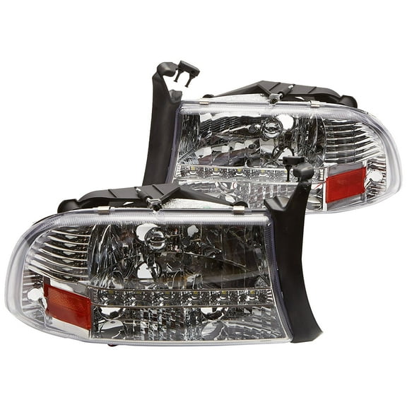 SMD DRL LED Light Strip Headlight Head Lamp OE Replacement in Chrome Housing Clear Lens Made For And Compatible With 1997 - 2004 Dodge Dakota 98-03 Durango
