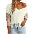 thumbnail image 2 of Karight Off The Shoulder Crop Sweaters for Women Color Block Loose Knitted V Neck Long Sleeve Pullover Ripped Sweater Tops, 2 of 9
