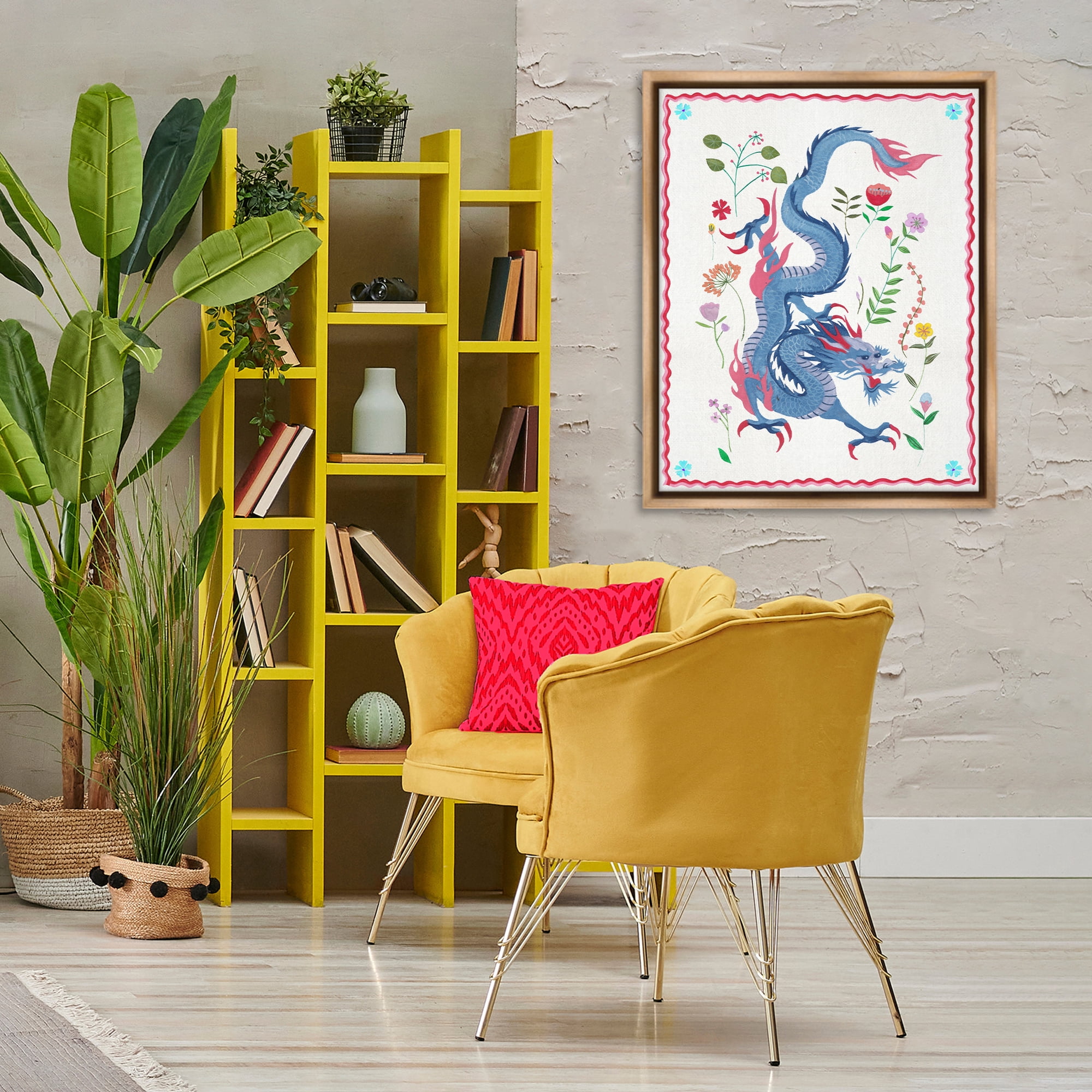 Stupell Industries Cultural Dragon & Plants Fantasy & Sci-Fi Painting Brown Floater Framed Canvas Art Print Wall Art, 25 x 31