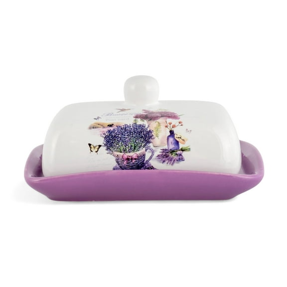 STP GOODS Provence Ceramic Butter Dish with Lid 6.7x5.1x2.2" (17x13x5.5 cm) Butter Holder Keeper Storage Container Butter Container for Countertop and Fridge, Lilac and White