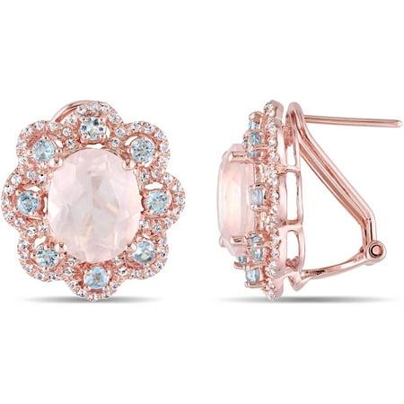 Tangelo 6-3/4 Carat T.G.W. Round- and Oval-Cut Rose Quartz with White and Blue Topaz Rose Rhodium-Plated Sterling Silver Floral Earrings