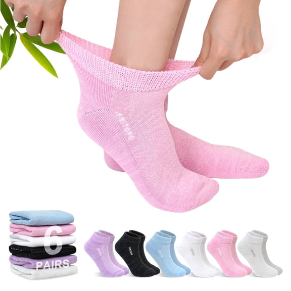 Diabetic Socks for Women, AMITOFO Bamboo Viscose Ankle Socks with Non-Binding Loose Top, Seamless Toe Design Breathable Moisture-Wicking Fabric, 6 Pairs Multicolor