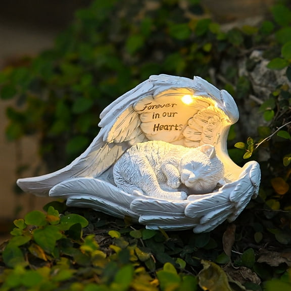 Cat Memorial Gifts for Loss of Cat, Peaceful Sleeping Solar Angel Cat Statue Outdoor Waterproof, Resin Cat Figurine Pet Memorial Stone for Garden Grave Markers, Loss of Pet Sympathy Gift