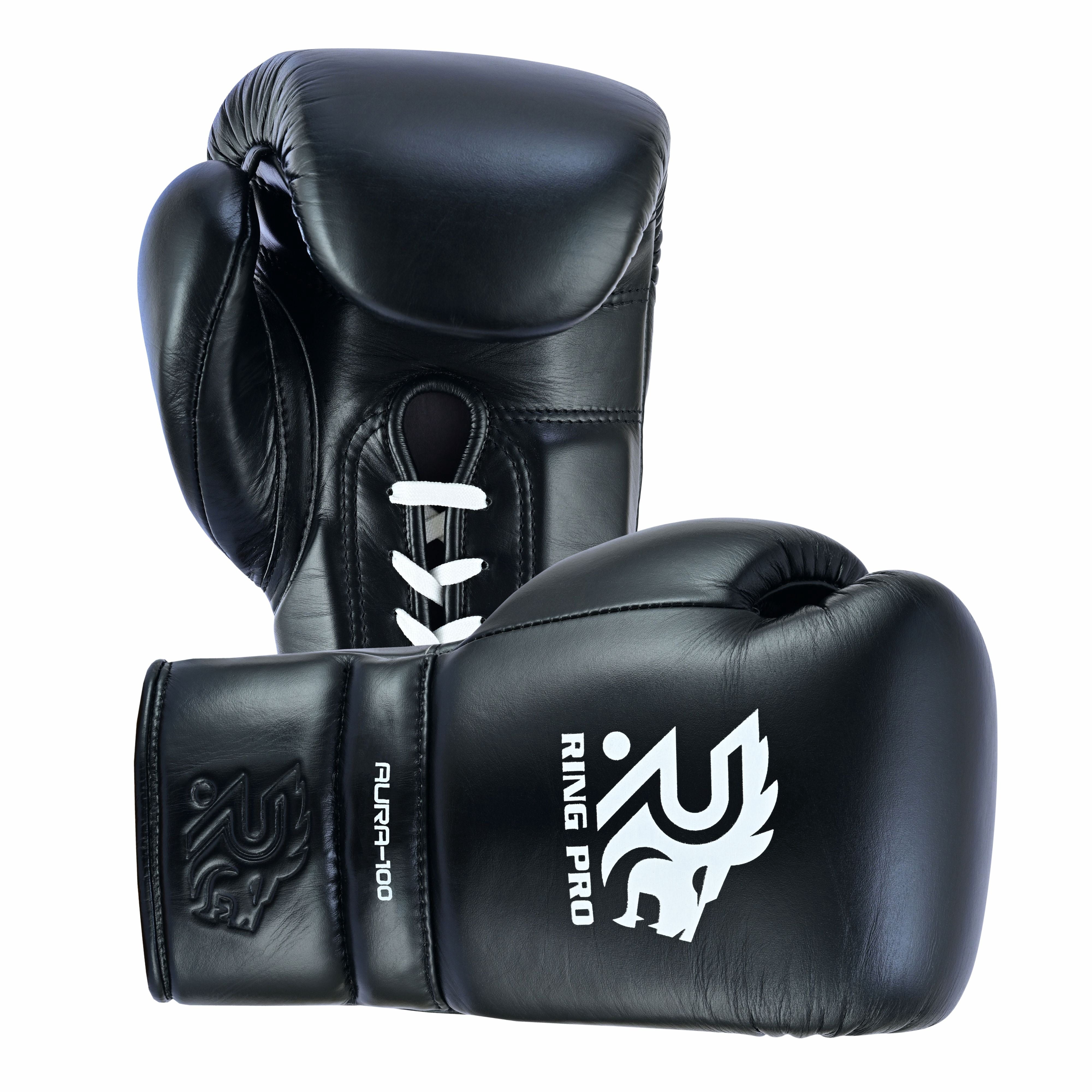 Ring Pro Sports Aura-100 Series Boxing Glove Made of Genuine Cowhide Leather for Boxing & MMA - Black 16 oz