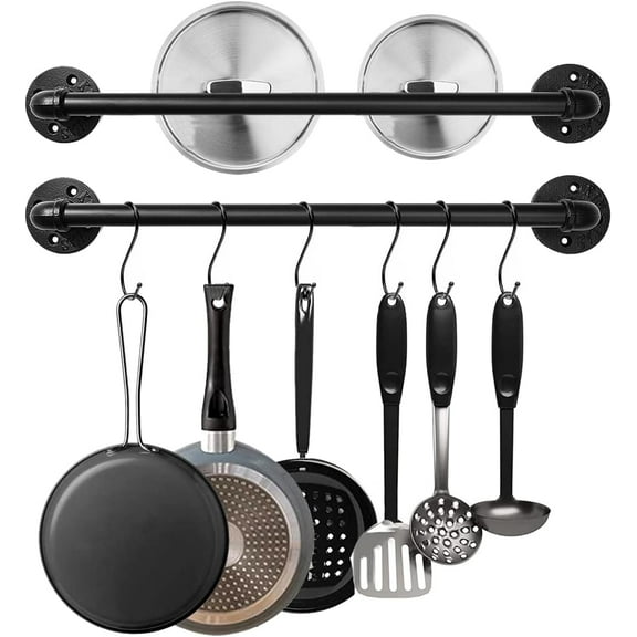 Industrail Pipe Pot Pan Rack, Wall mount Pot hangers Pan Haniging Rail Lid Hnager for kitchen with S Hooks (39"-2 Pack)