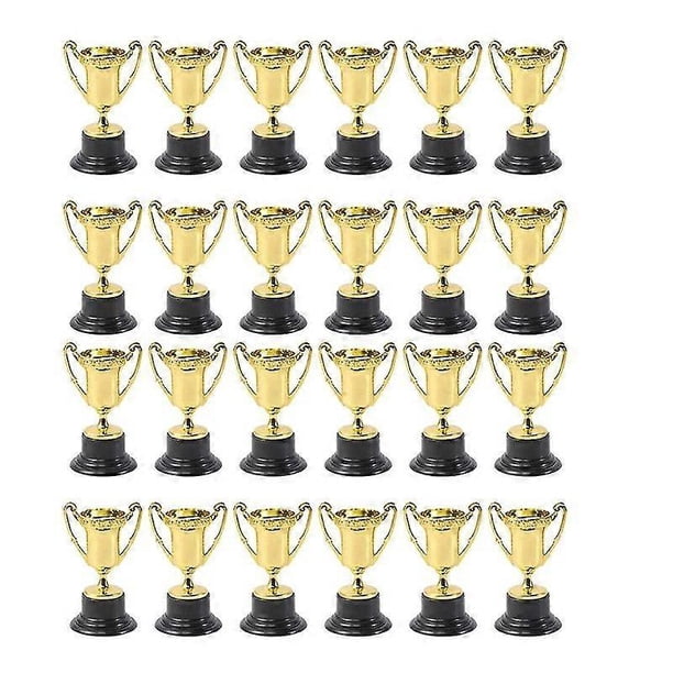 24 mini trofeos dorados de plástico para premios y decoración de regalos para niños de jardín de infancia con base negra.