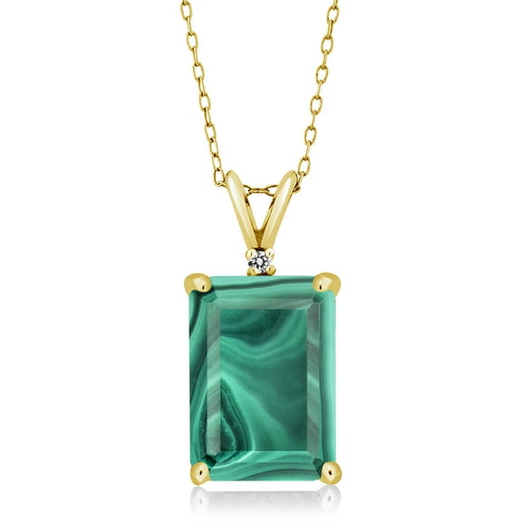 Gem Stone King 18K Yellow Gold Plated Silver Green Malachite and White Diamond Pendant Necklace for Women (10.02 Cttw, Gemstone Birthstone, Emerald Cut 14X10MM, with 18 inch Silver Chain)