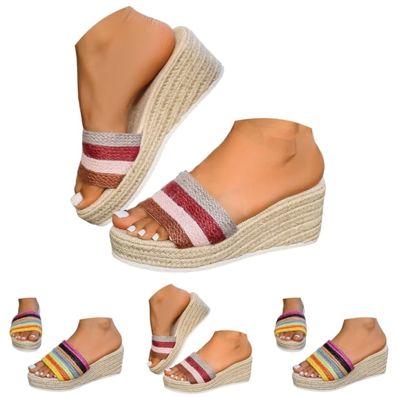 Dakaela Platform Sandals for Women Summer Dressy Slip on Wedge Slides Espadrille Open Toe Knit Summer Beach Dress Mule Heels Shoes Size 6-10 Colorful