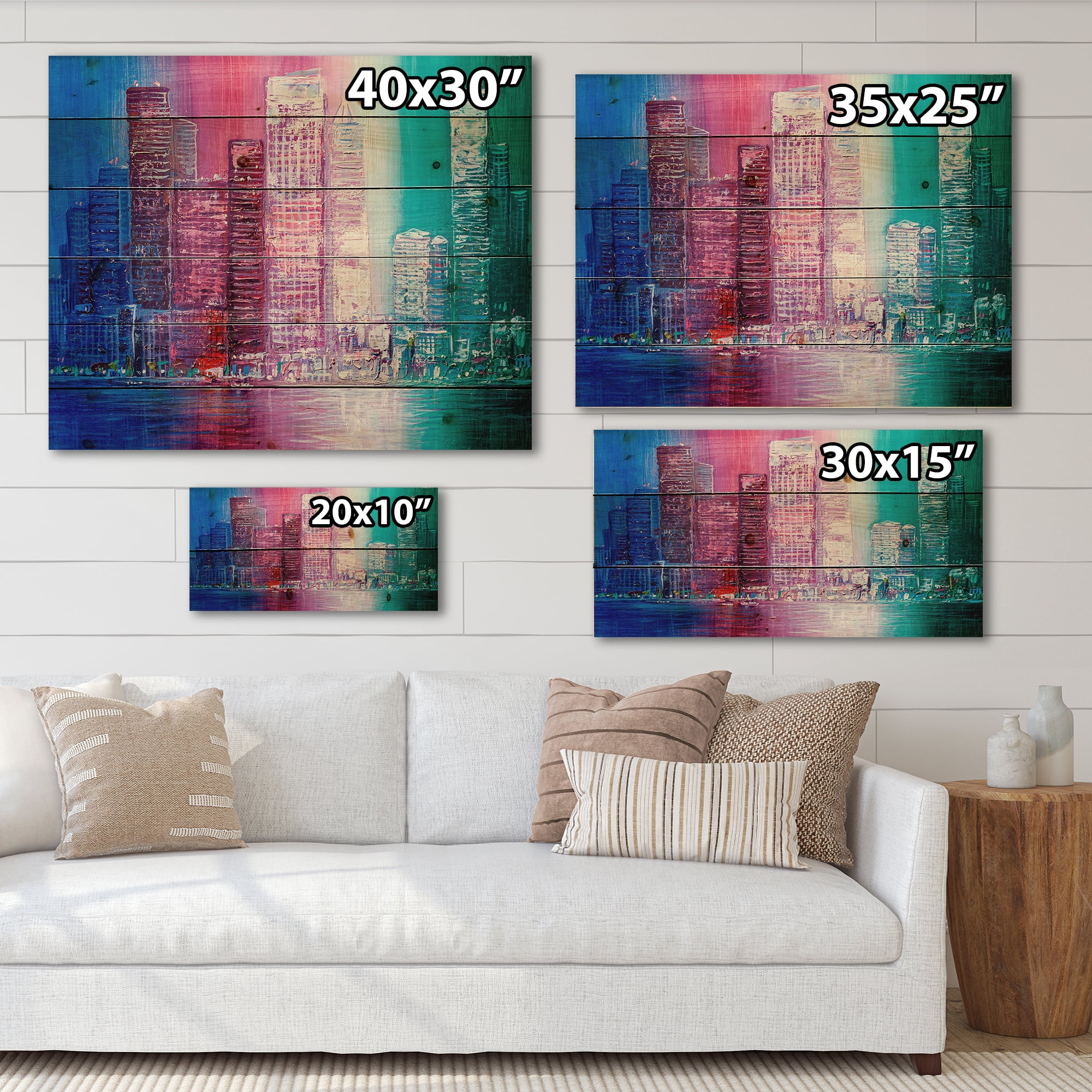 Designart 'Abstract Style Cityscape Panorama Skyscrapers II' Modern Print on Natural Pine Wood
