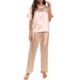 thumbnail image 2 of Womens Satin Silky Pajama Set Short Sleeve Shirt with Long Pajama Pant Set Soft PJ Loungewear, 2 of 5
