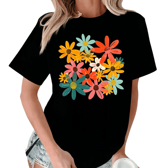 Giffimy Women's Retro Multicolor Daisy Floral Graphic Black Short Sleeve T-Shirt Fashion Holiday S-5XL Top