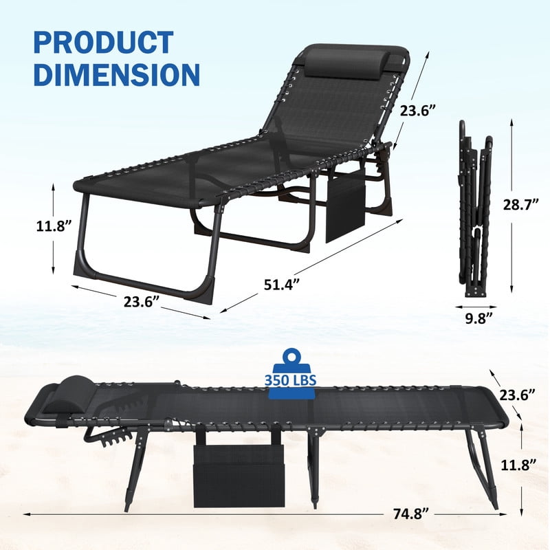 Vineego Folding Chaise Lounge Chair with Face Hole for Tanning, 5-Position Adjustable Textilene Outdoor Sunbathing Chair, Face Down Patio Pool Lounge Chair with Side Pocket & Pillow, Black