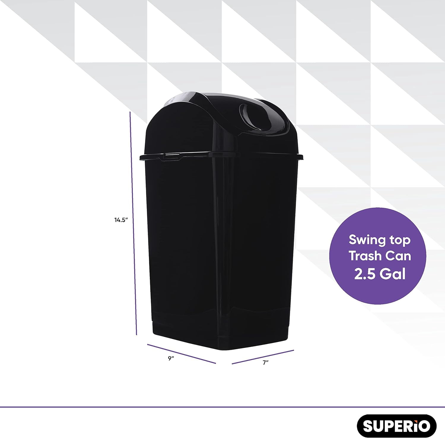 Superio Small 2.5 Gallon Plastic Trash Can with Swing Top Lid, Compact Slim Waste Bin for Under Desk, Office, Bedroom, Bathroom, Dorm Room, 10 Qt. Portable Garbage Can (Black, 2 Pack)