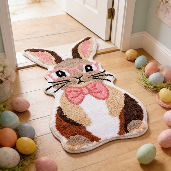 20x32Inch Easter Flocked Bunny Rug, Soft Absorbent Bath Mat, Non-Slip Holiday Carpet, Spring Decor for Bathroom Bedroom Living Room