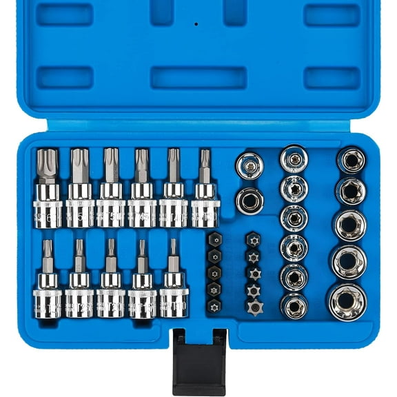 CASOMAN 34 Pieces 3/8-Inch Drive Torx Bit Socket and E-Torx (Star) Socket Set, Cr-V E Socket Set E4-20, S2 Torx Bit Socket Set T10-60, Tamper Proof Torx Bit Set TT10-TT55, 5/16"F to 3/8"M adapter