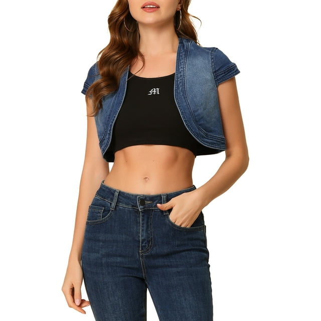 INSPIRE CHIC Cardigan Court en Denim Décontracté pour Femme, Veste Boléro en Jean à Manches Cap, L Bleu