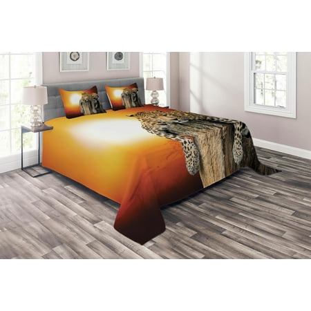 Big Pillows For Sitting Safari Coverlet Set, Leopard Sitting on Dry Tree at Sunset Danger in the Air Big Cat with Spotted Form, Decorative Quilted Bedspread Set with Pillow Shams Included, Orange Brown, by Ambesonne ()