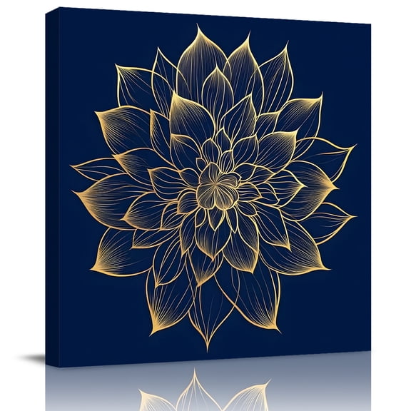 Wall Art Prints, Navy Blue Yellow Spring Floral Framed Canvas Prints for Bedroom Living Room Bathroom Office, Abstract Blossoms Botanical Gallery Wrap Wall Art Poster for Gifts Home Decor 8"x8"