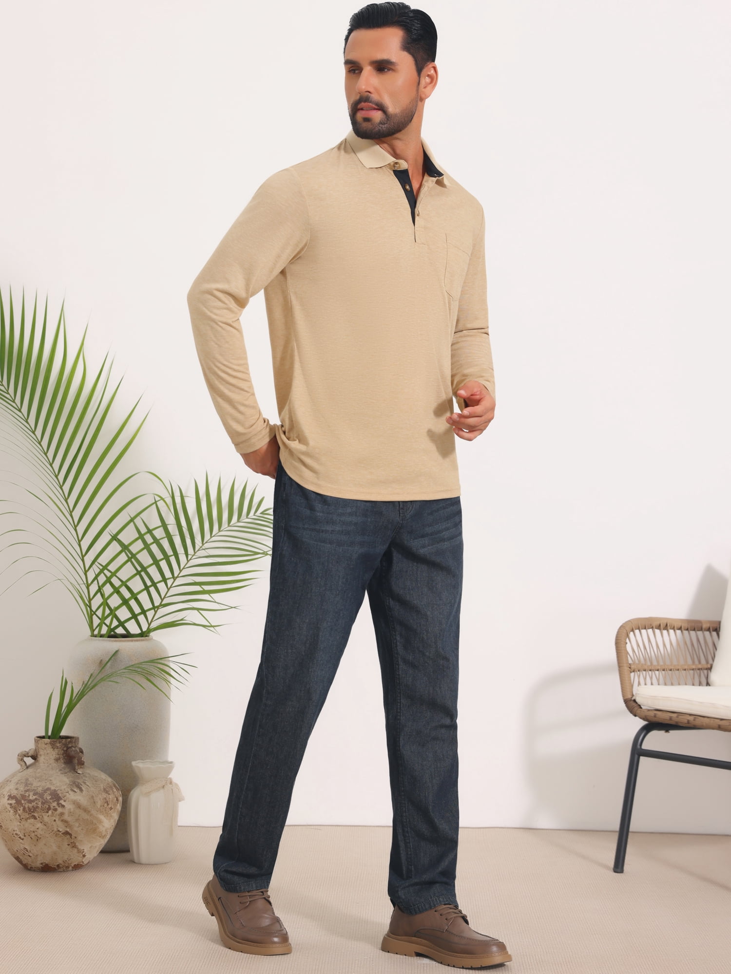 DARING DIVA Men's Contrast Button Collared Long Sleeves Golf Polo T-Shirts L Beige