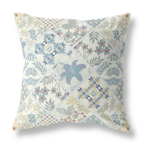 26â€ White Blue Patch Indoor Outdoor Throw Pillow