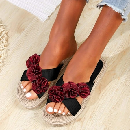 

Women Shoes Women Flat Flowers Slippers Floral Beach Slippers Slip On Fashion Slippers Flat Open Toe Summer Casual Fashion Sandals Beach Slippers Red 8.5