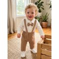 thumbnail image 3 of RUINIXCW Baby Boy Gentleman Outfits Spring Fall 2 Piece Church Outfits Infant Blessing Baptism Day Clothes Collar Button Down Long Sleeve Textured Romper Bowtie and Suspender Pants Set, 3 of 9