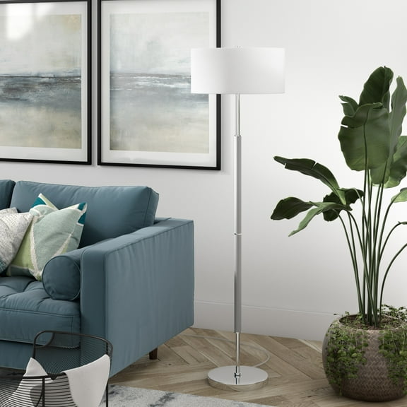 Evelyn&Zoe Simone 2-Light Floor Lamp with Fabric Shade, Cool Gray/Polished Nickel/White