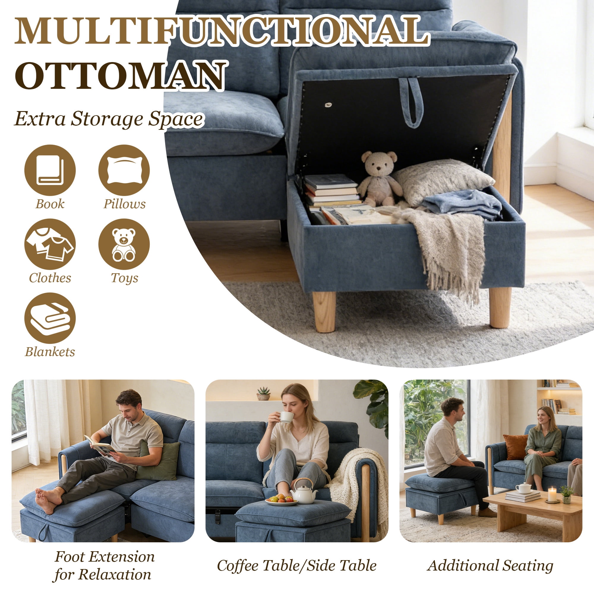 MOONMISS 3-Seater Chenille Sectional Sofa with Storage Ottoman & Side Pocket Convertible Chaise Lounge for Living Room,Blue