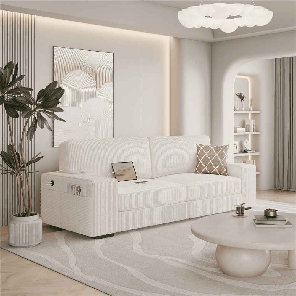 Renwick 83.5'' W 2-Seater Modern Corduroy Fabric Sofa Couch with USB Charging Ports, All Ages, Ivory
