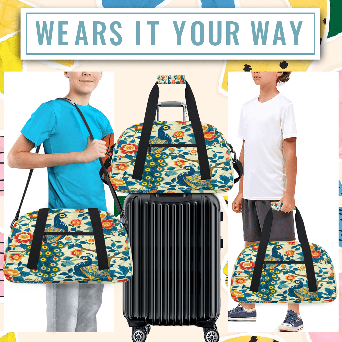 Herdesigns Peacock Sports Duffle Bag for Women & Men, Peacock Flower Gym Bag Dance Bag Overnight Bag Carry On Weekender Travel Bag