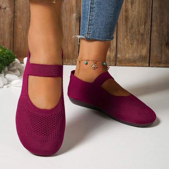 Womens Breathable Ventilated Knit Mesh Mary Jane Shoes, Elastic Single Strap Slip On Flats, Shock Absorbing Lightweight Daily Walking Footwear