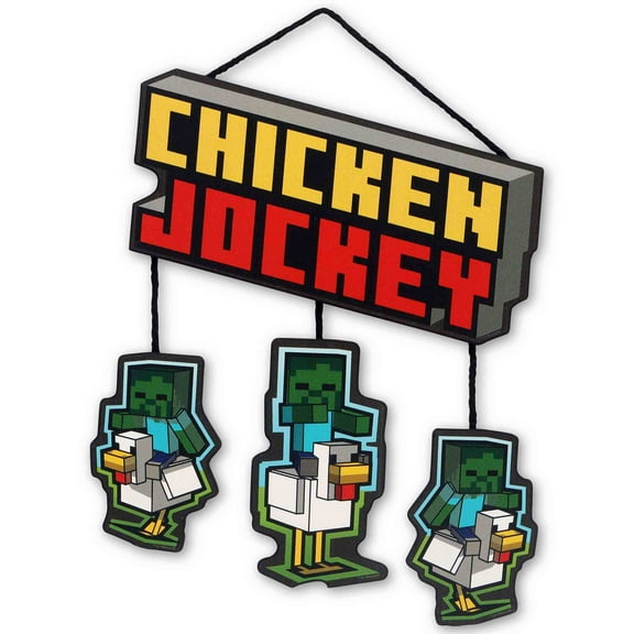 Minecraft Wood Wall Decor - Chicken Jockey Hanging Sign with Zombie Riders and Pixel Art Text