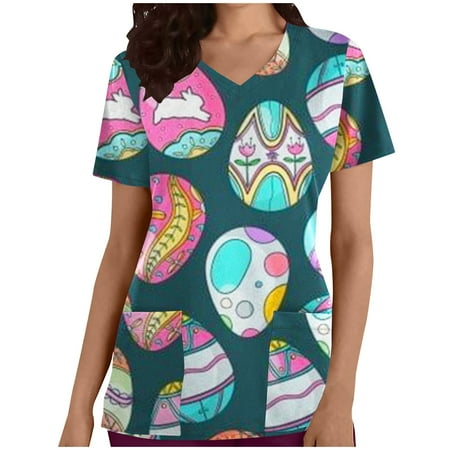

Women s Easter Scrub Workwear Cute Bunny Short Sleeve Nursing Tops Casual Holiday Scrub T-Shirt with Pockets