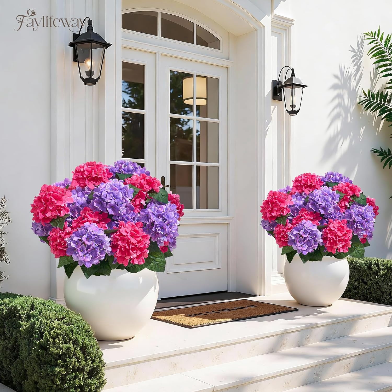 24 Heads Artificial Hydrangea Flowers for Outdoor Decor,  Faux Silk Planters Porch Garden Window Box  Decoration